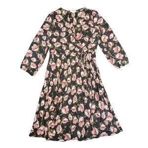 Indigo Rose Pink Floral Print Long Sleeve Lined Midi Dress Elastic Waist Size PL